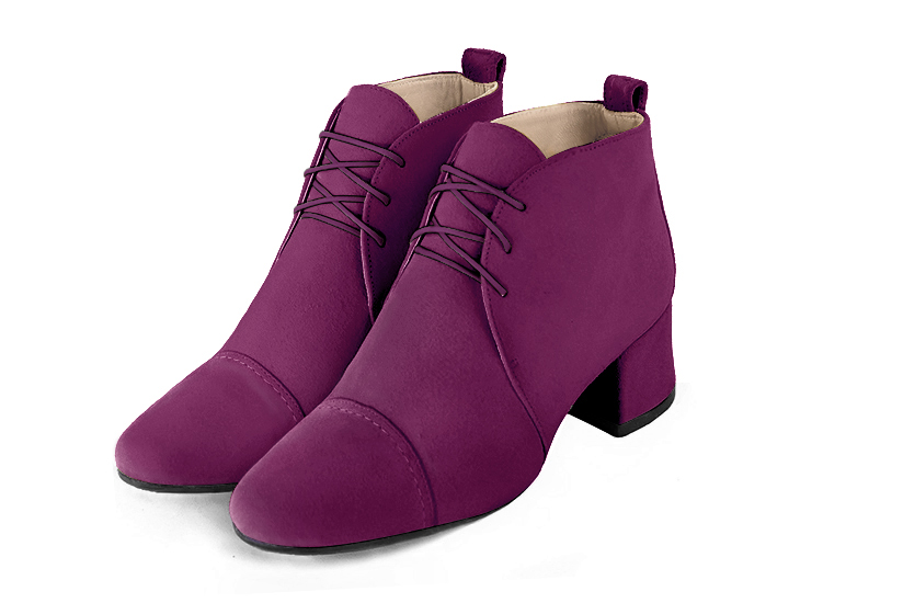 Mulberry purple women's ankle boots with laces at the front. Round toe. Low flare heels. Front view - Florence KOOIJMAN